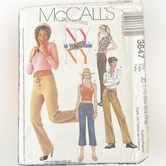 🍄New McCall’s 3647 Top Pants Capri Uncut Pattern Junior Sew 11/12 to 17/18 - Picture 1 of 6